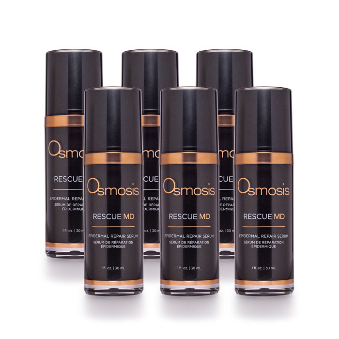 Six bottles of Osmosis Rescue MD serum on a white background