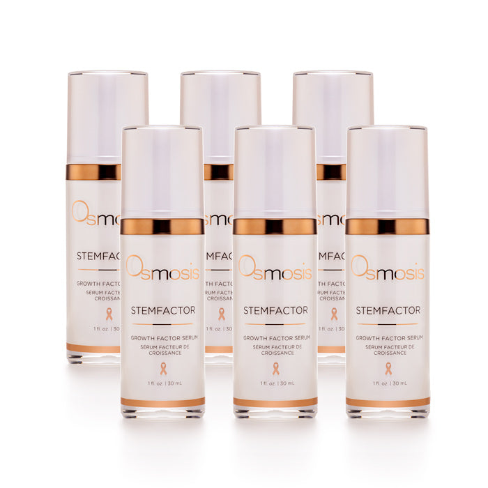 Set of six Osmosis Stemfactor serum products on a white background